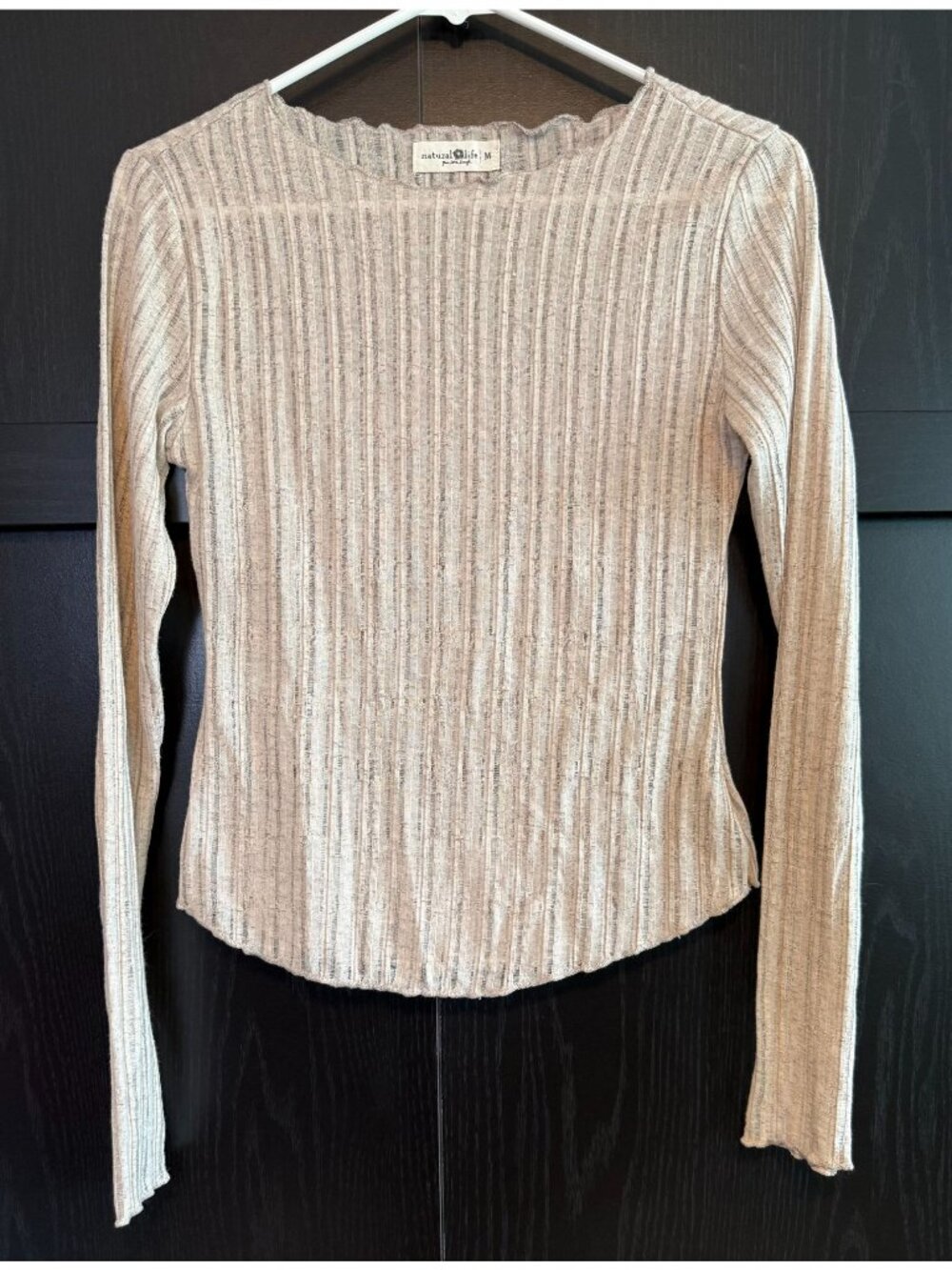 Natural Life Women's Tan Sheer Long Sleeve Ribbed Top Medium Boho Cozy